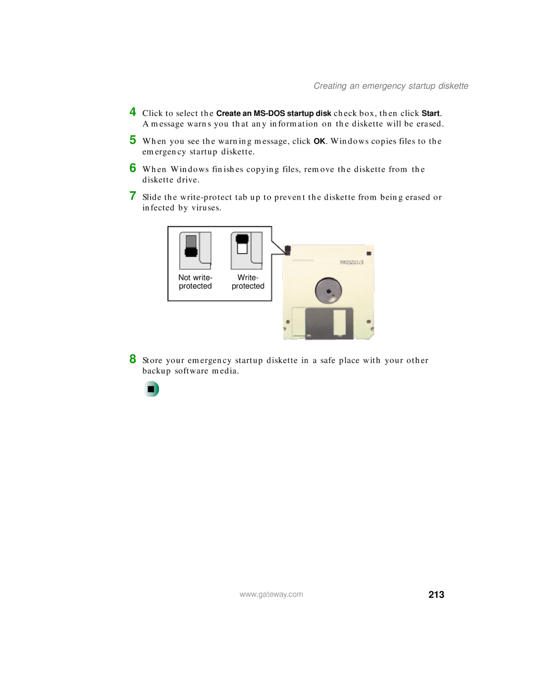 Gateway 200 manual 213, Creating an emergency startup diskette 