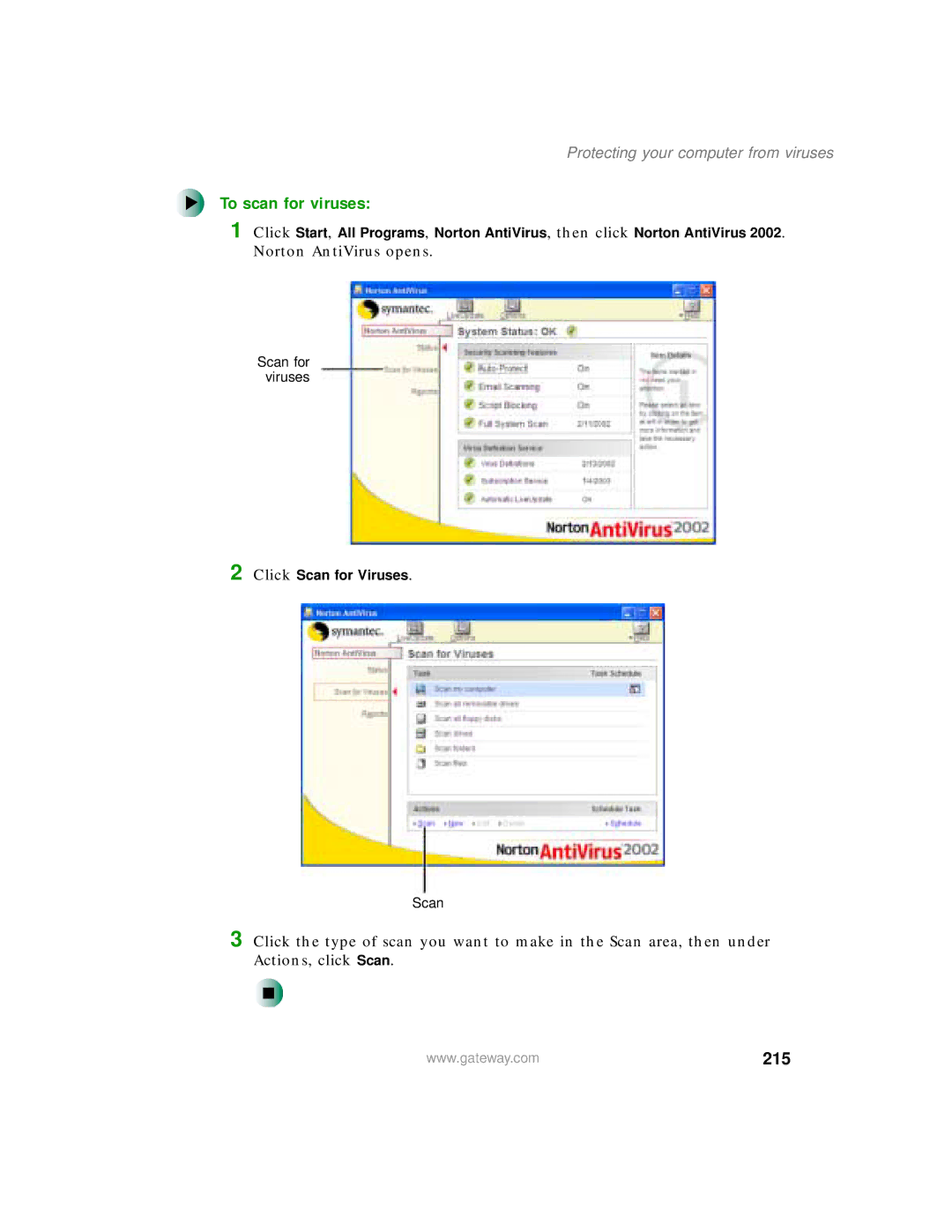 Gateway 200 manual To scan for viruses, 215, Protecting your computer from viruses 