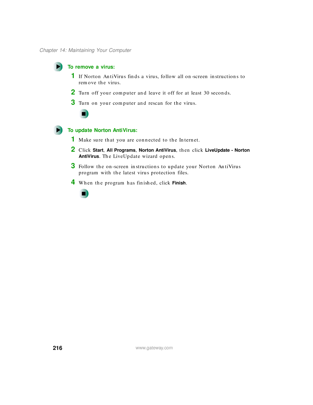 Gateway 200 manual To remove a virus, To update Norton AntiVirus, 216 