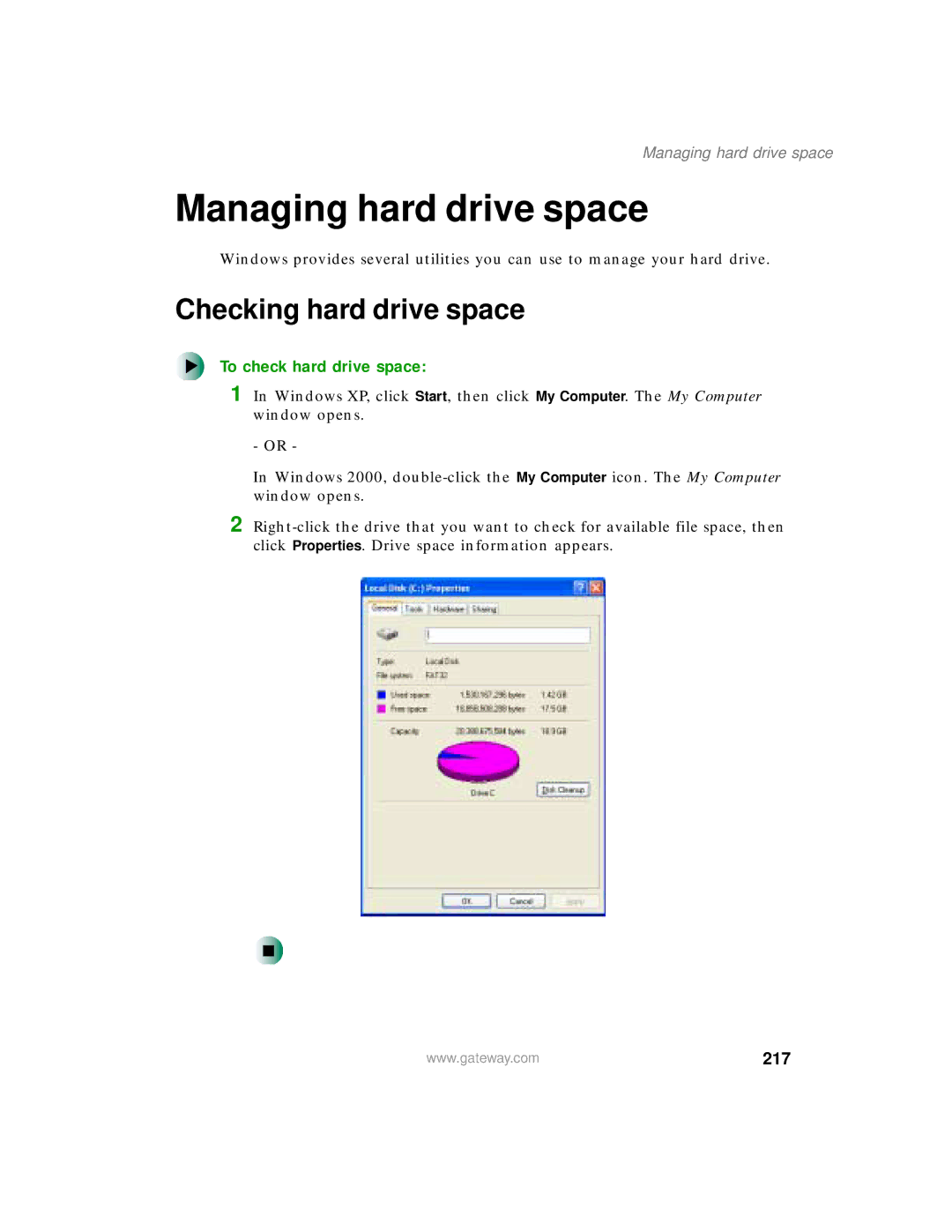 Gateway 200 manual Managing hard drive space, Checking hard drive space, To check hard drive space, 217 