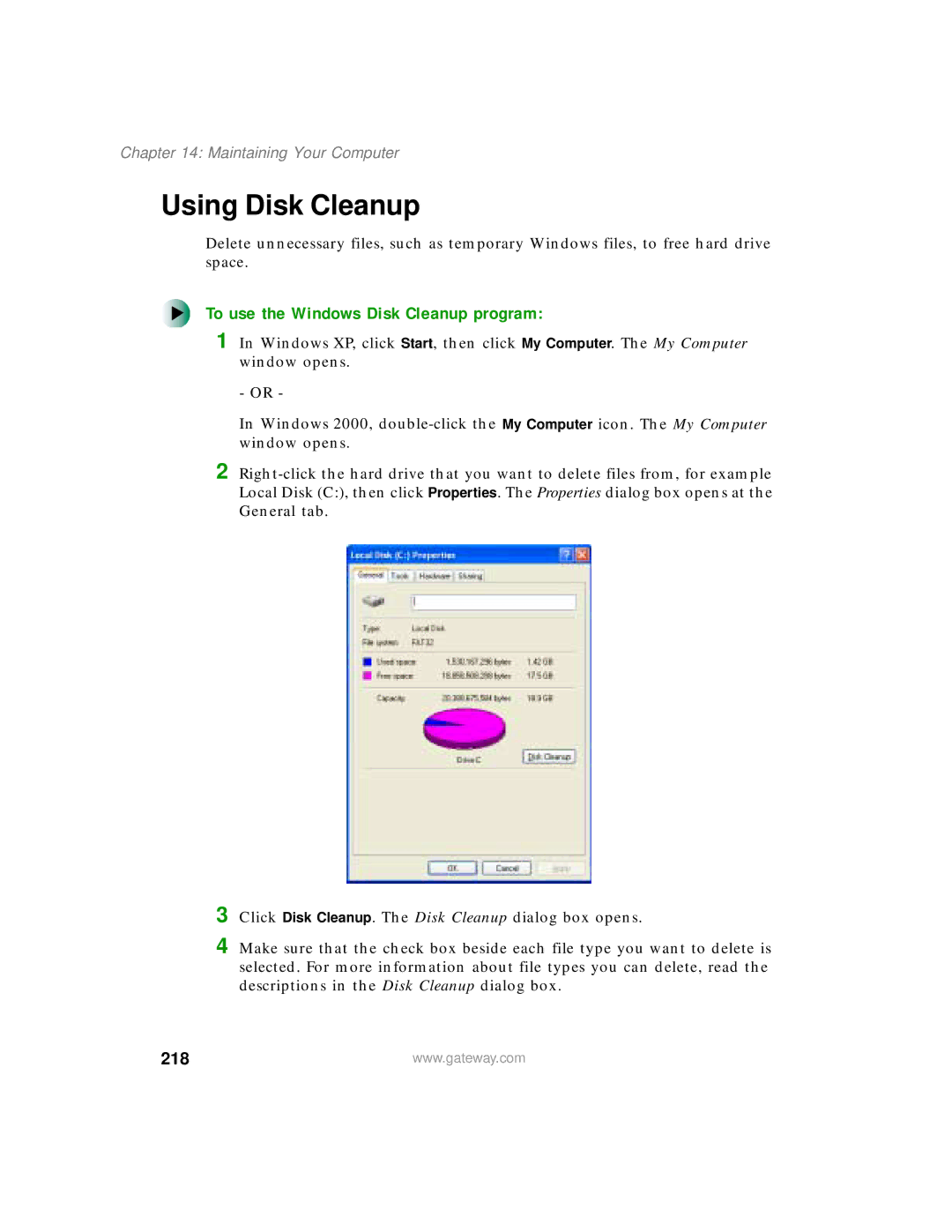 Gateway 200 manual Using Disk Cleanup, To use the Windows Disk Cleanup program, 218 