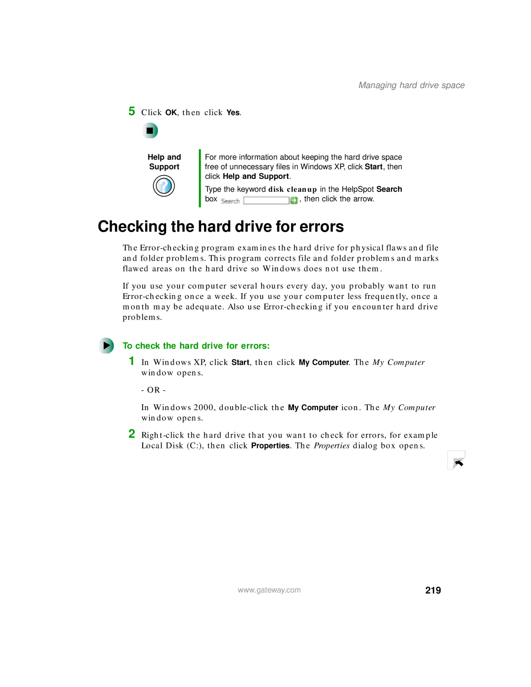 Gateway 200 manual Checking the hard drive for errors, To check the hard drive for errors, 219 