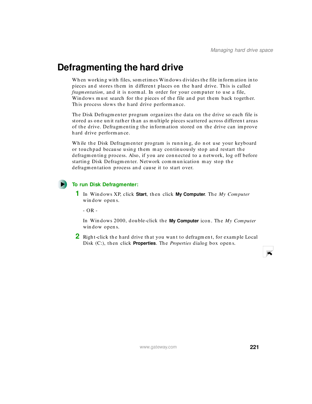 Gateway 200 manual Defragmenting the hard drive, To run Disk Defragmenter, 221 