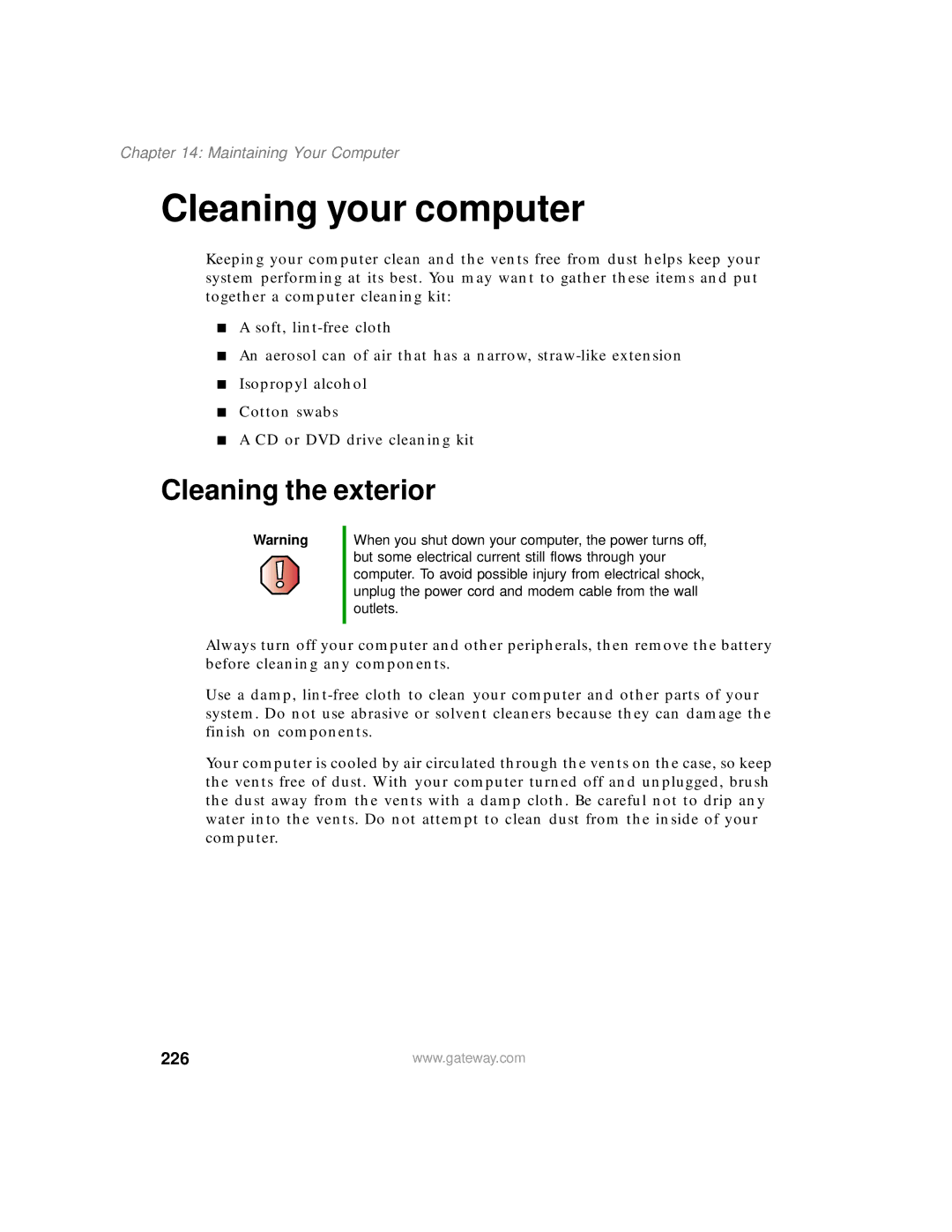 Gateway 200 manual Cleaning your computer, Cleaning the exterior, 226 