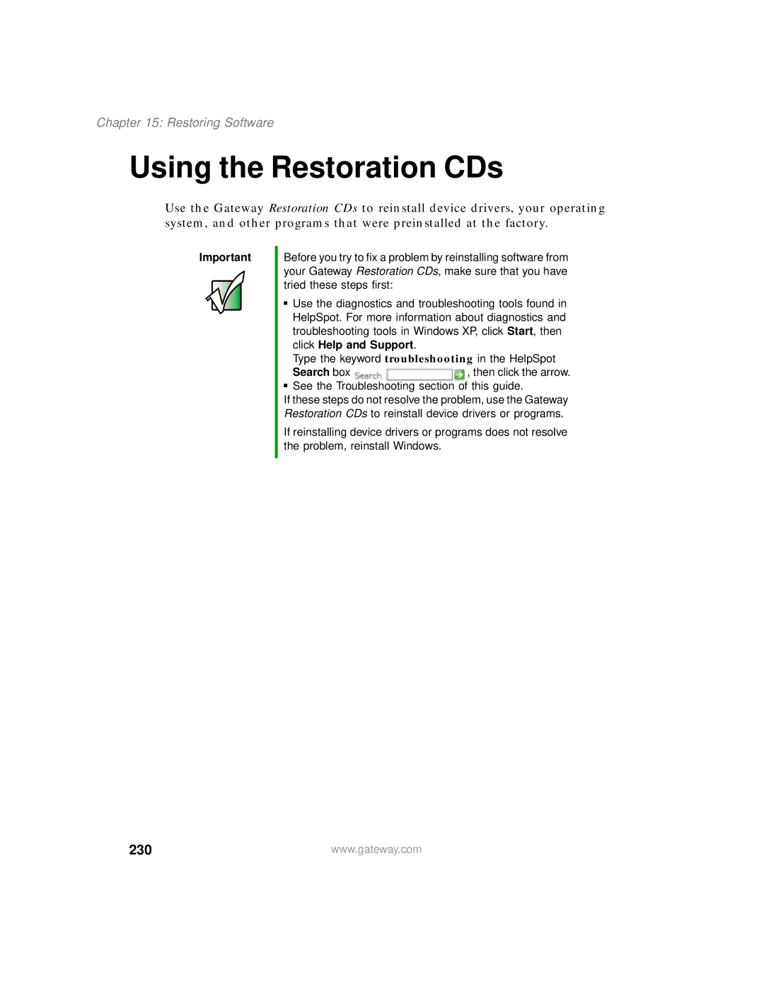 Gateway 200 manual Using the Restoration CDs, 230, Restoring Software 