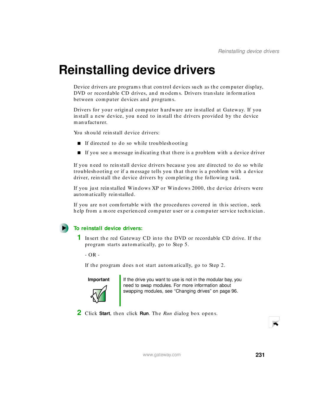 Gateway 200 manual Reinstalling device drivers, To reinstall device drivers, 231 