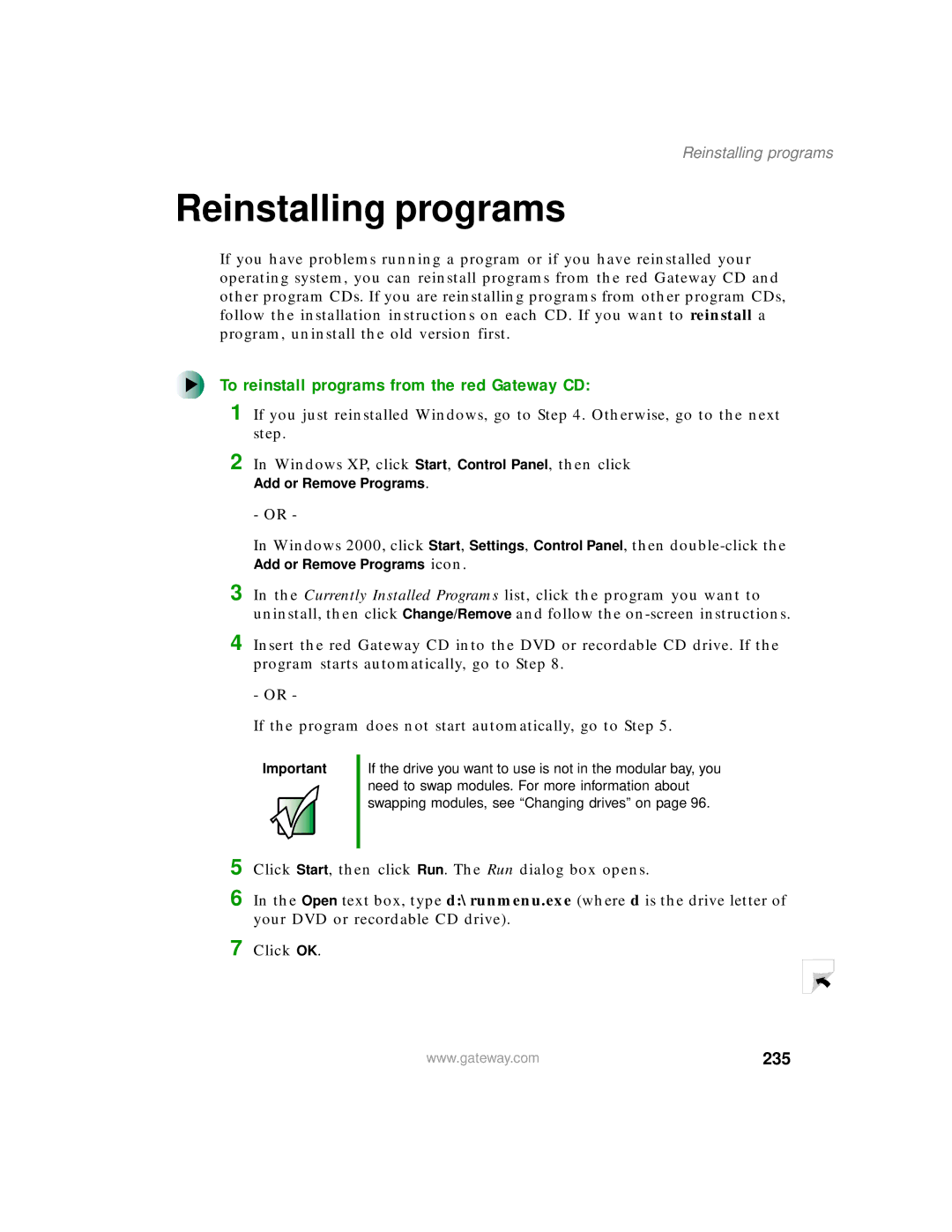 Gateway 200 manual Reinstalling programs, To reinstall programs from the red Gateway CD, 235 