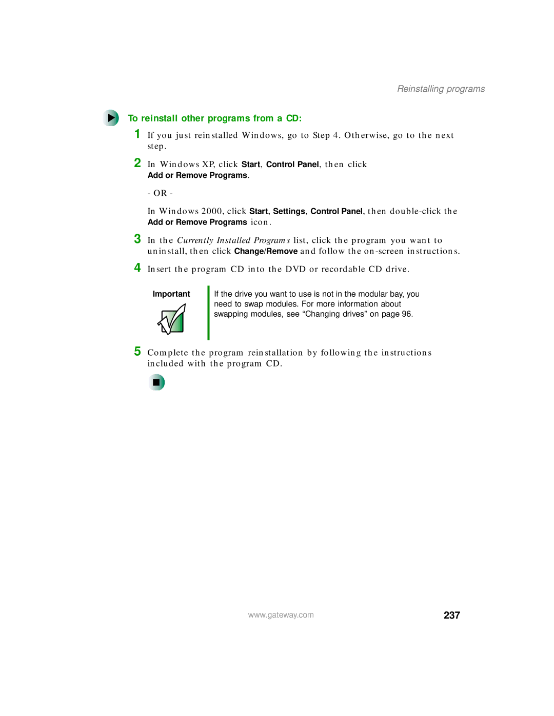 Gateway 200 manual To reinstall other programs from a CD, 237 