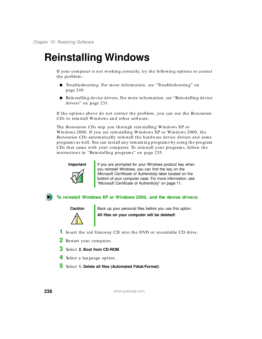 Gateway 200 manual Reinstalling Windows, 238 