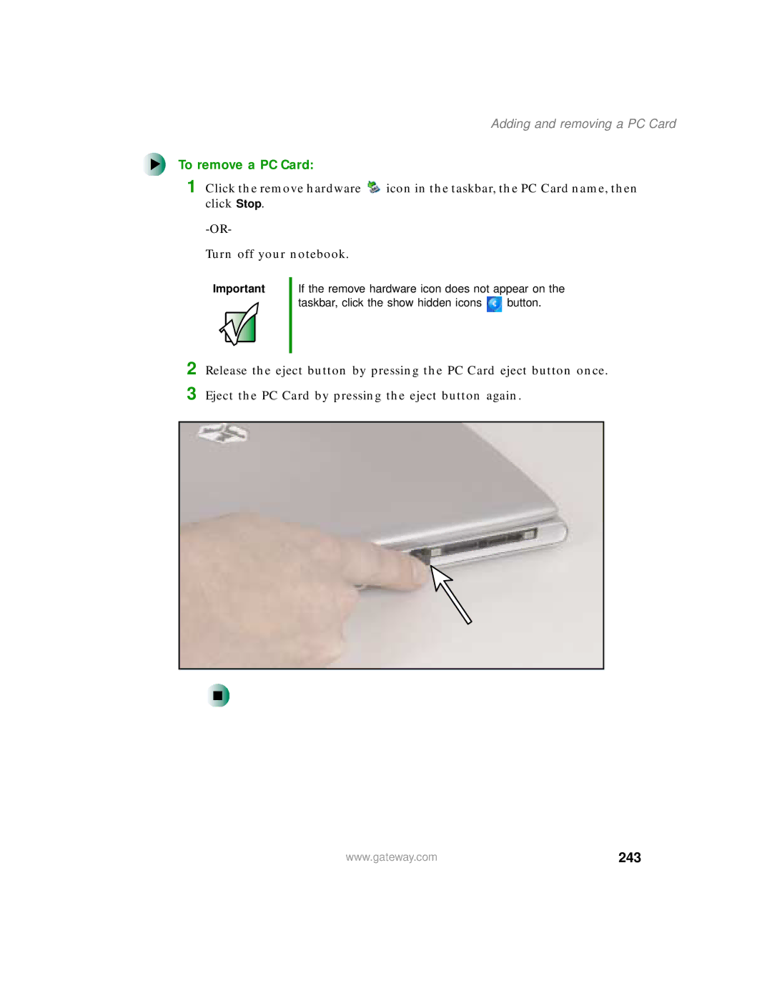 Gateway 200 manual To remove a PC Card, 243, Adding and removing a PC Card 