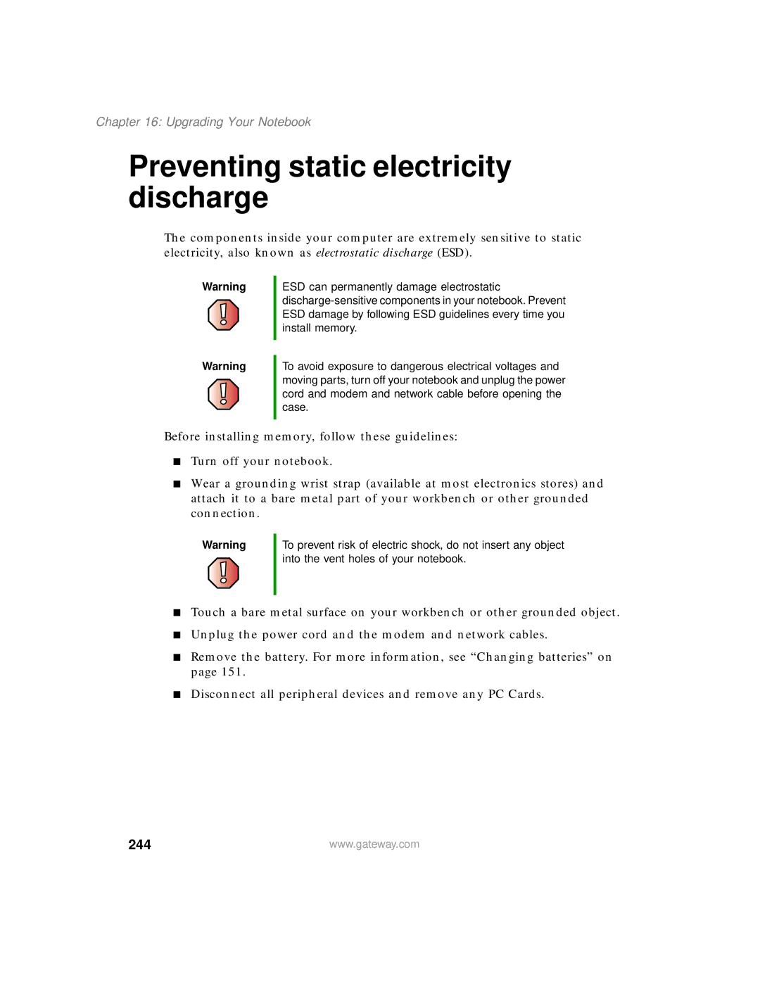 Gateway 200 manual Preventing static electricity discharge, 244 