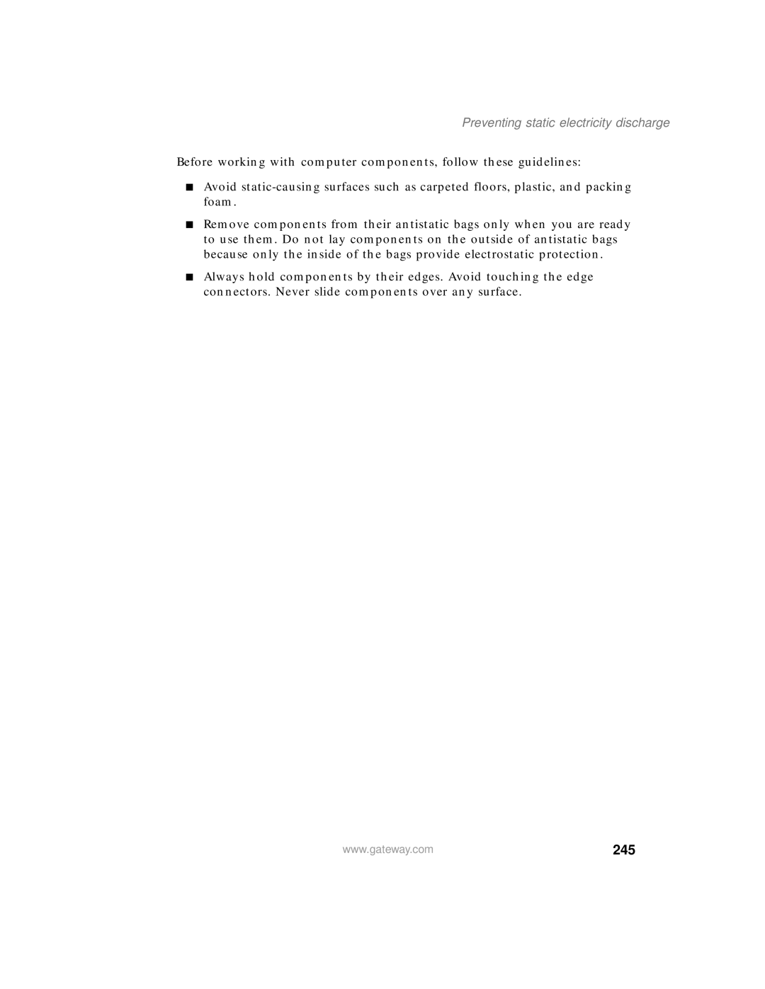 Gateway 200 manual 245, Preventing static electricity discharge 