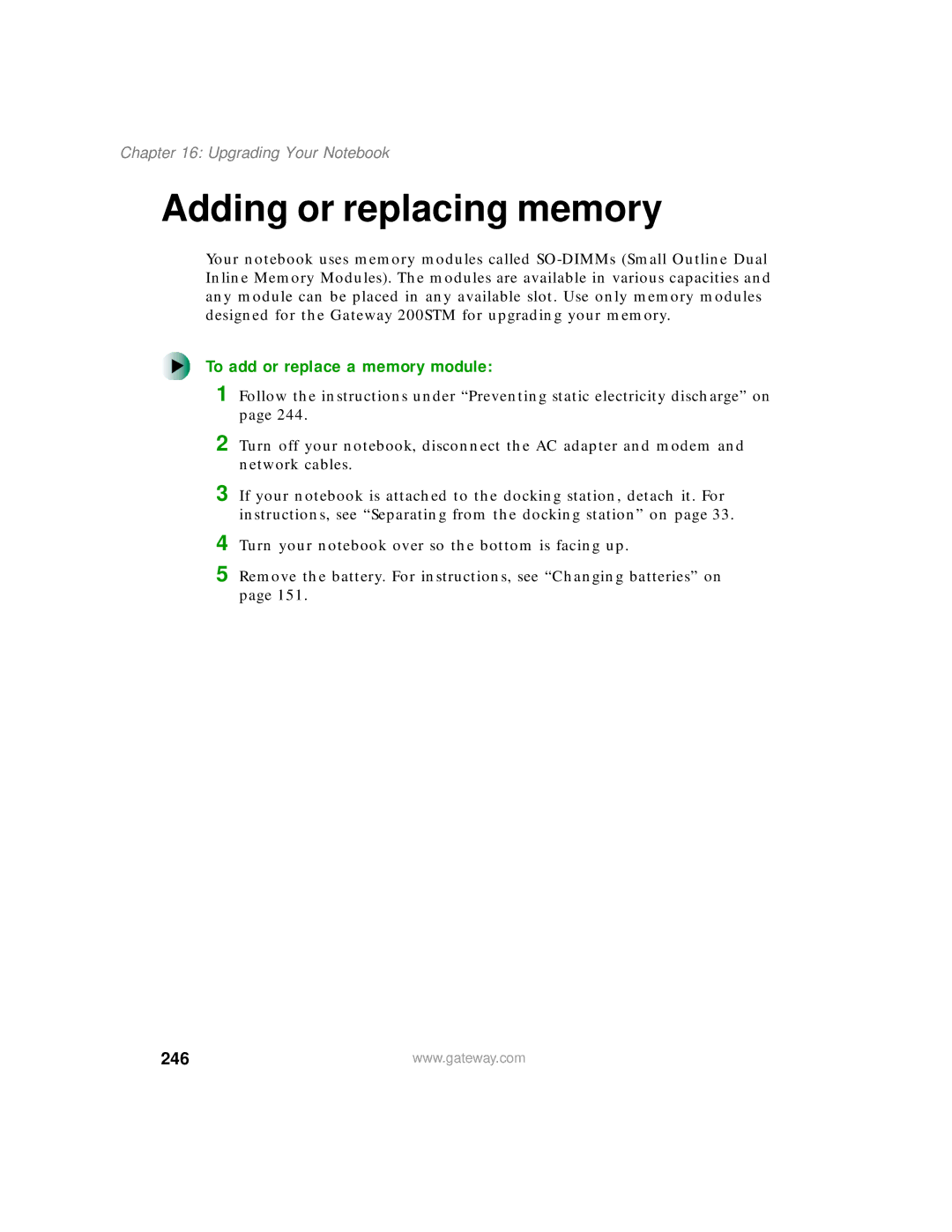 Gateway 200 manual Adding or replacing memory, To add or replace a memory module, 246 