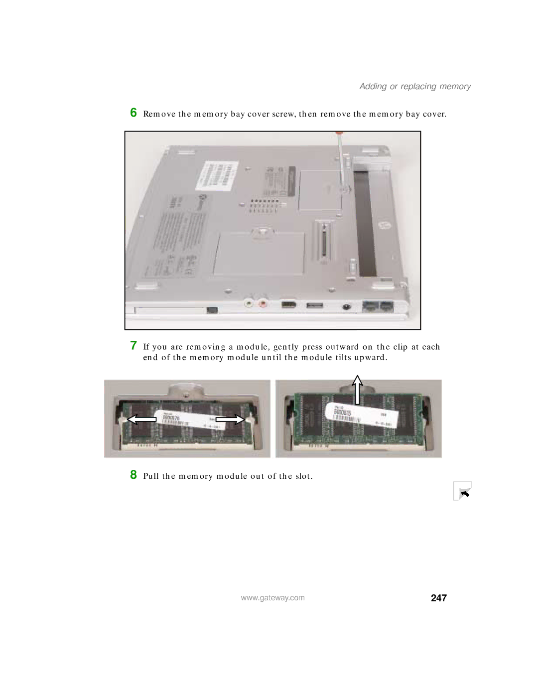 Gateway 200 manual 247, Adding or replacing memory 