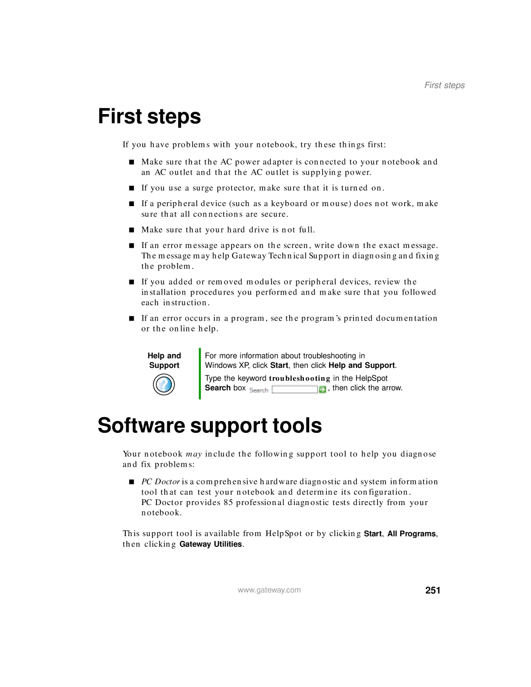 Gateway 200 manual First steps, Software support tools, 251 