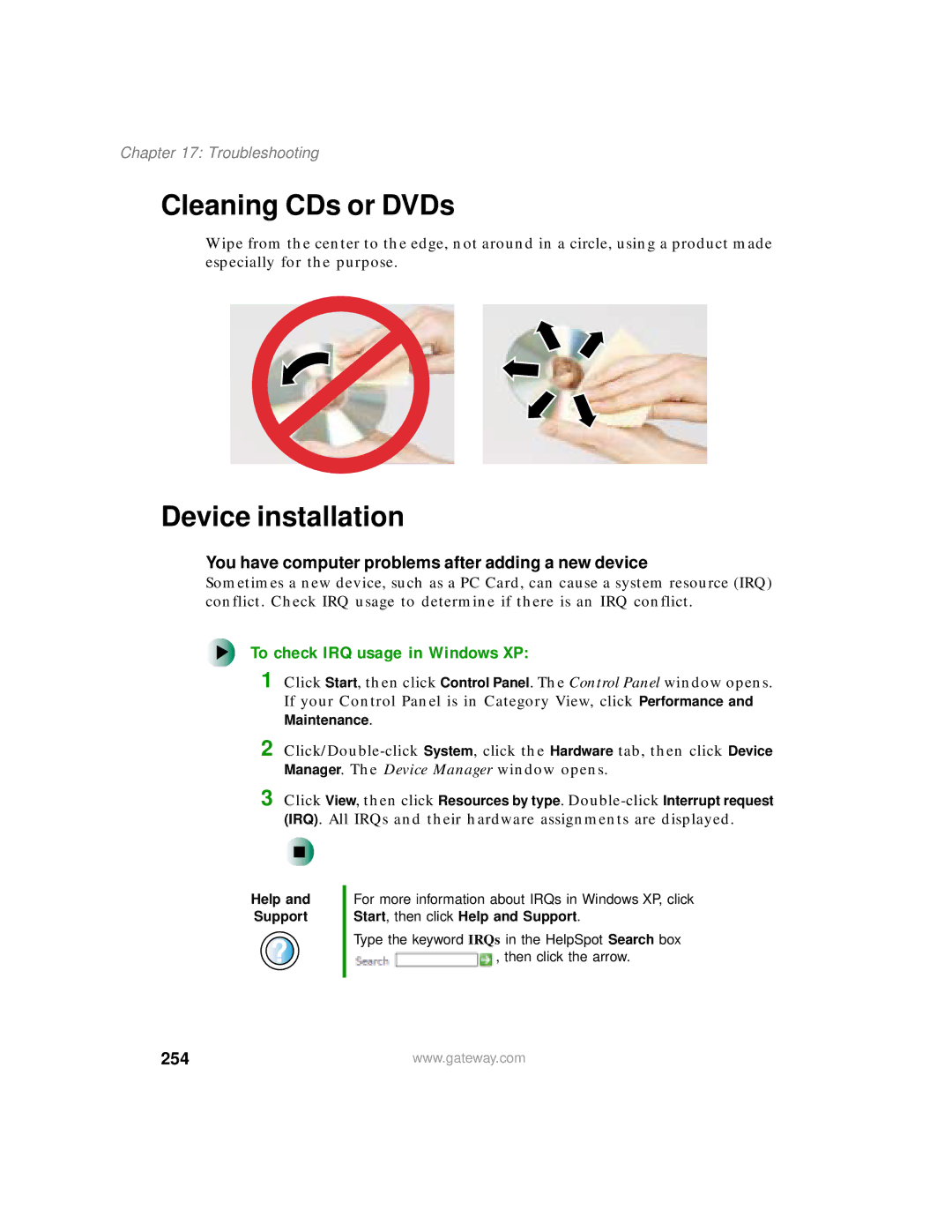 Gateway 200 manual Cleaning CDs or DVDs, Device installation, To check IRQ usage in Windows XP, 254 