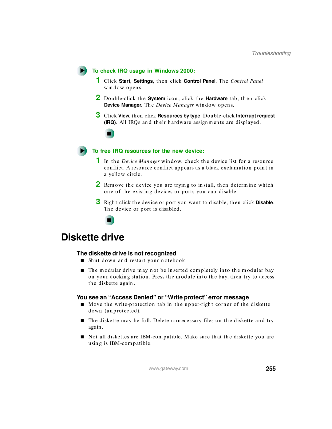 Gateway 200 manual Diskette drive, To check IRQ usage in Windows, To free IRQ resources for the new device, 255 