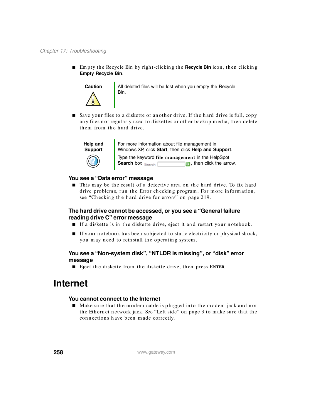 Gateway 200 manual You see a Data error message, You cannot connect to the Internet, 258 