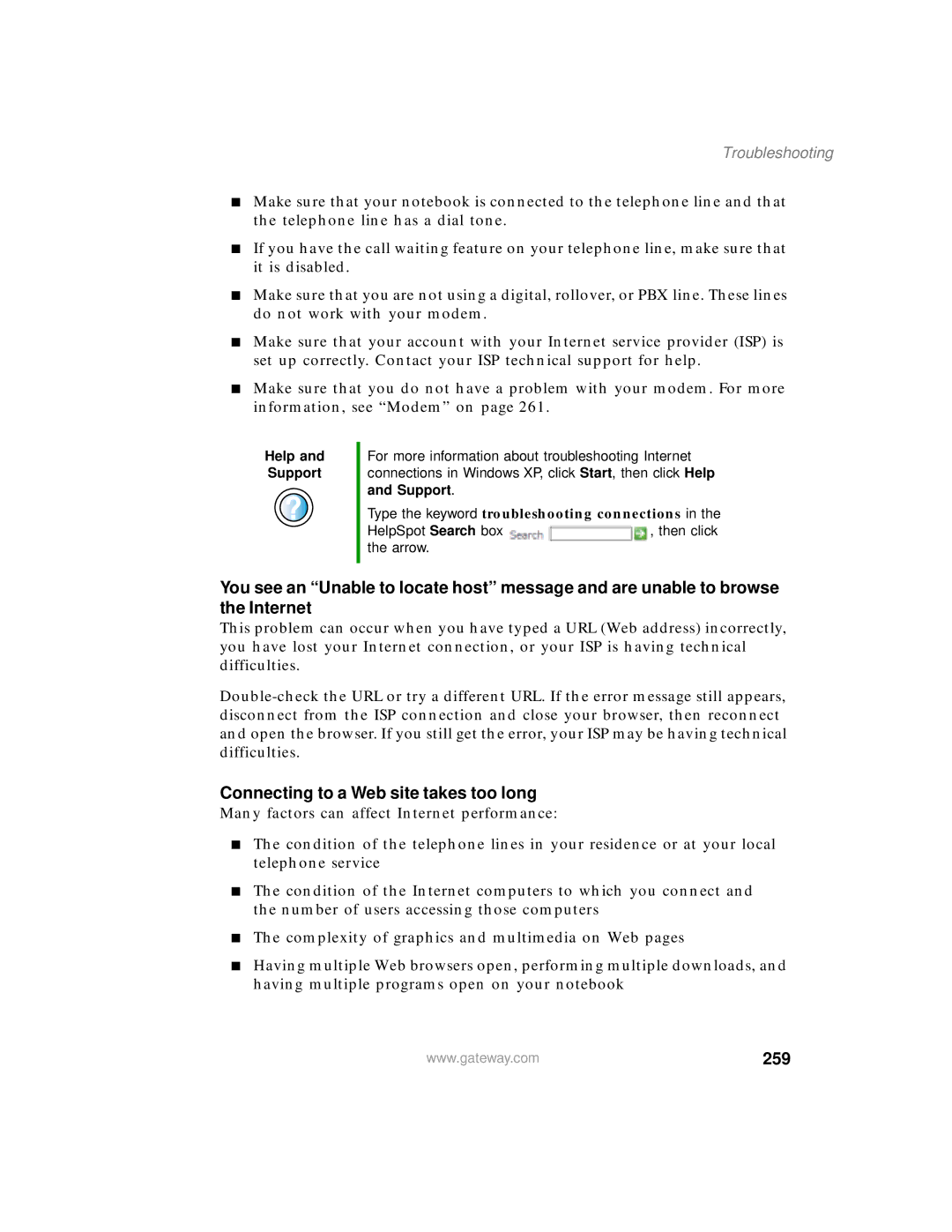 Gateway 200 manual Connecting to a Web site takes too long, 259 