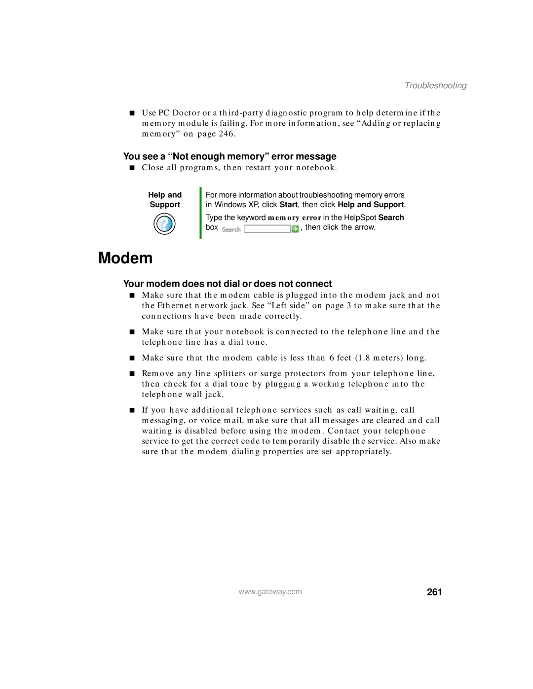 Gateway 200 manual Modem, You see a Not enough memory error message, Your modem does not dial or does not connect, 261 