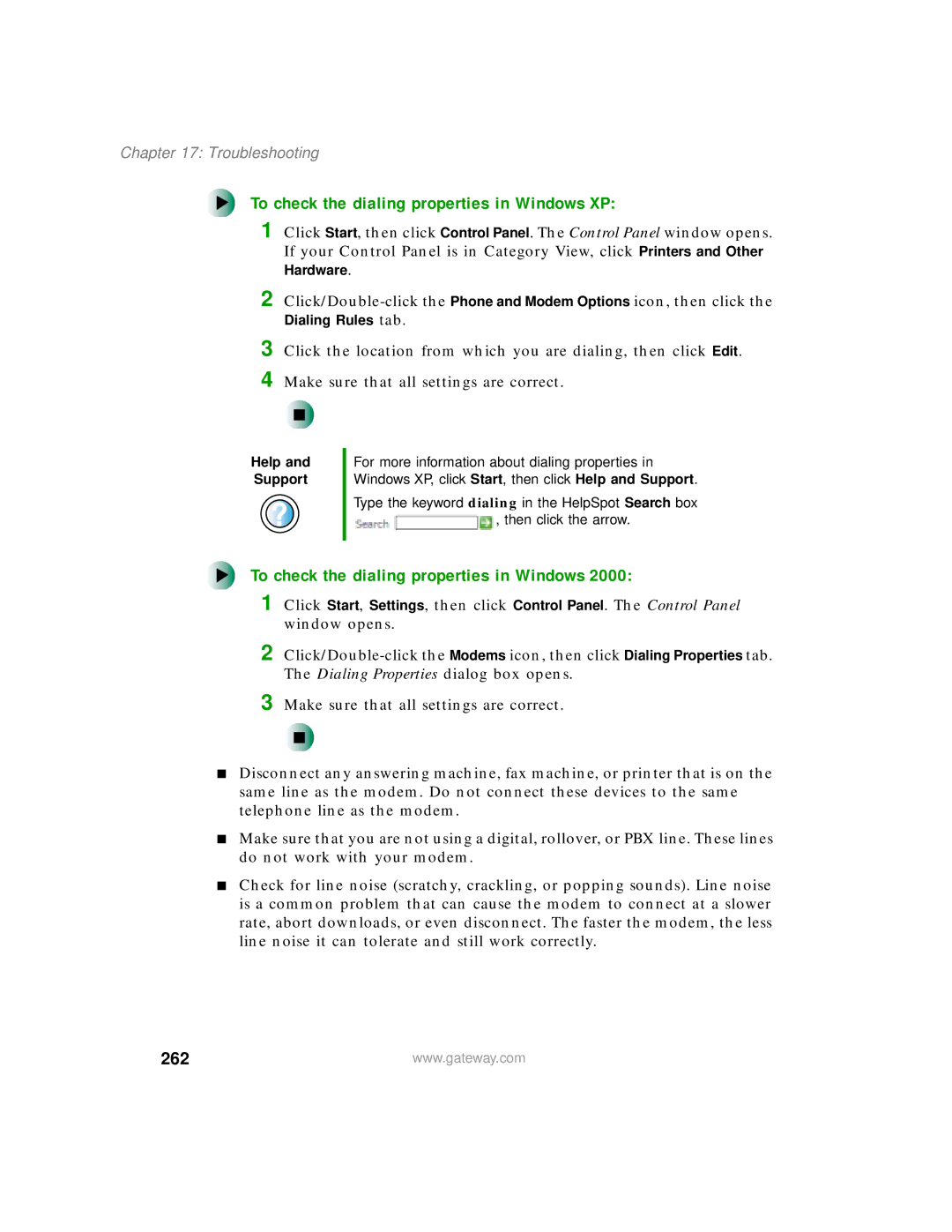 Gateway 200 manual To check the dialing properties in Windows XP, 262 