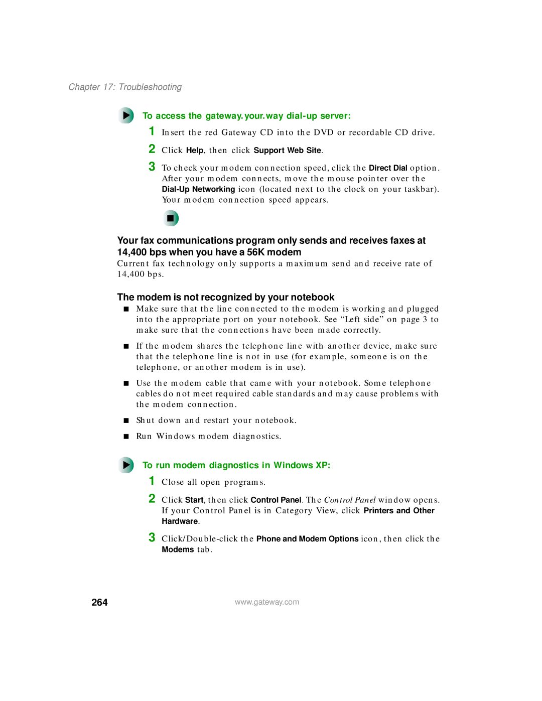 Gateway 200 manual To access the gateway.your.way dial-up server, To run modem diagnostics in Windows XP, 264 