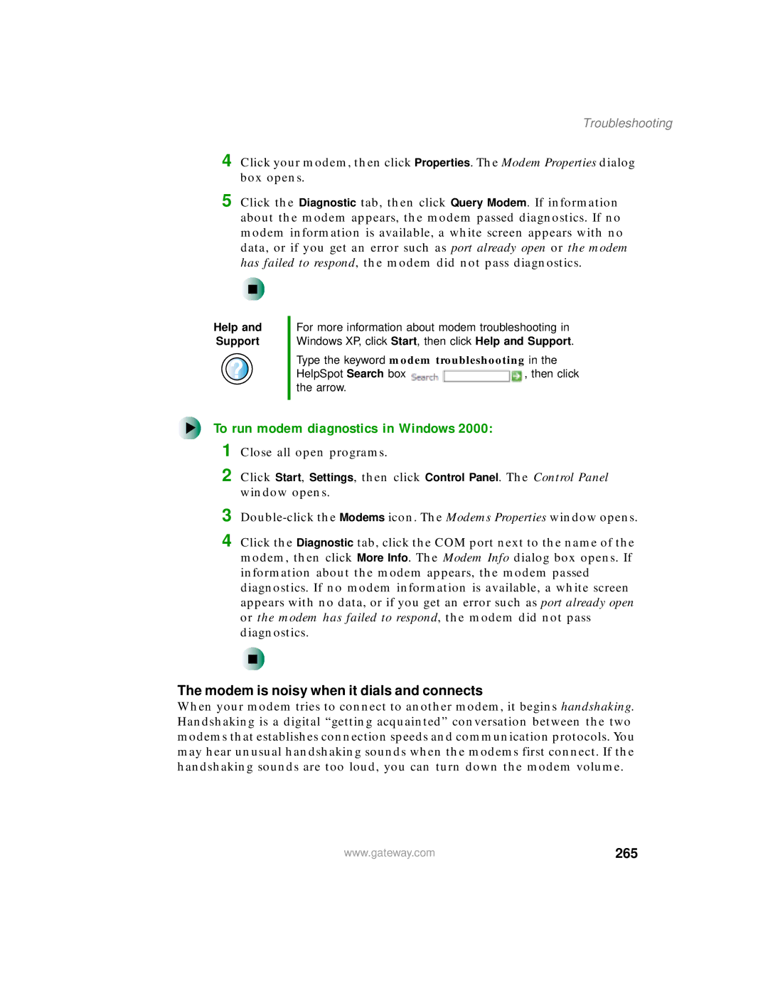 Gateway 200 manual To run modem diagnostics in Windows, Modem is noisy when it dials and connects, 265 