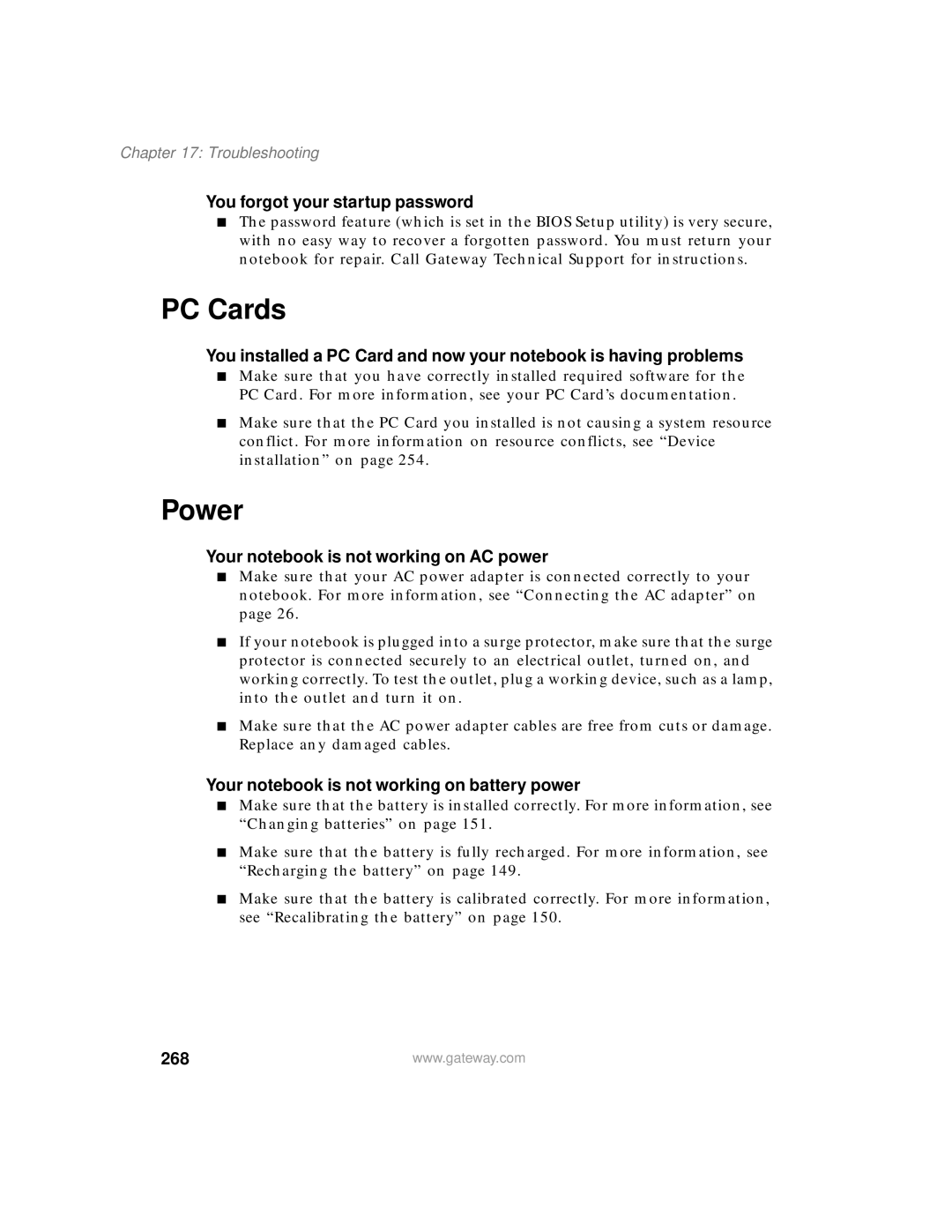 Gateway 200 manual PC Cards, Power, 268 