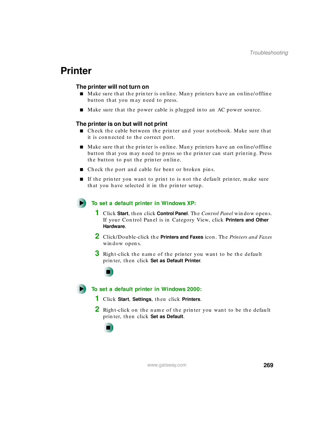 Gateway 200 manual Printer, To set a default printer in Windows XP, 269 