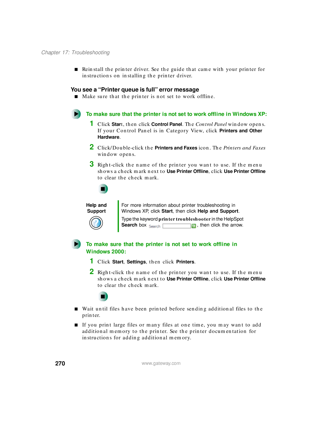 Gateway 200 manual You see a Printer queue is full error message, 270 