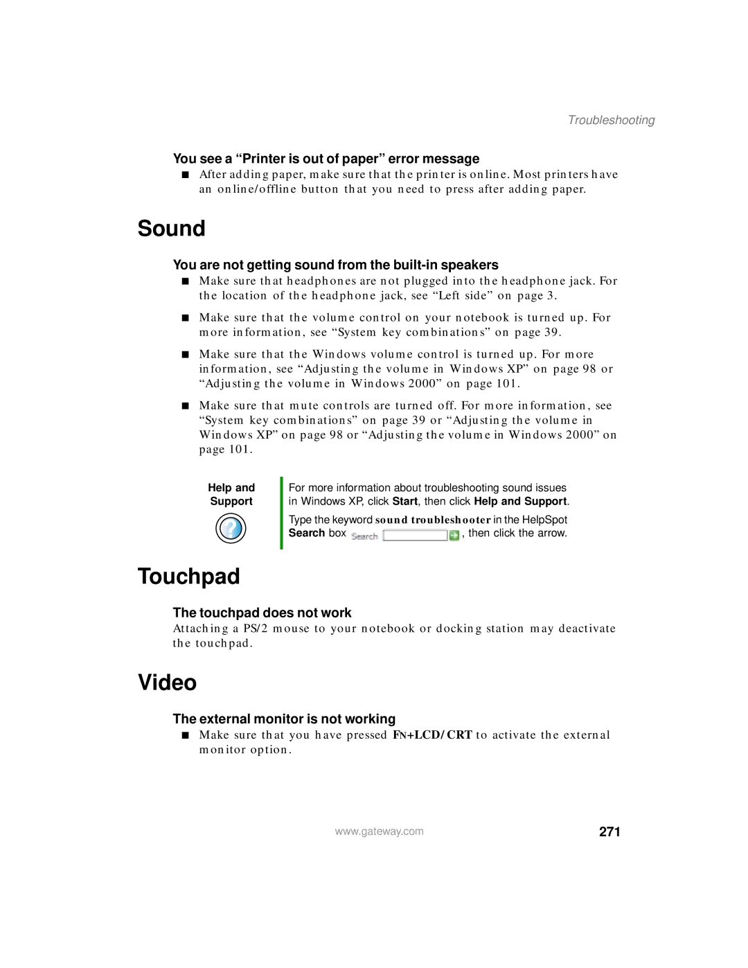 Gateway 200 manual Sound, Touchpad, Video, 271 