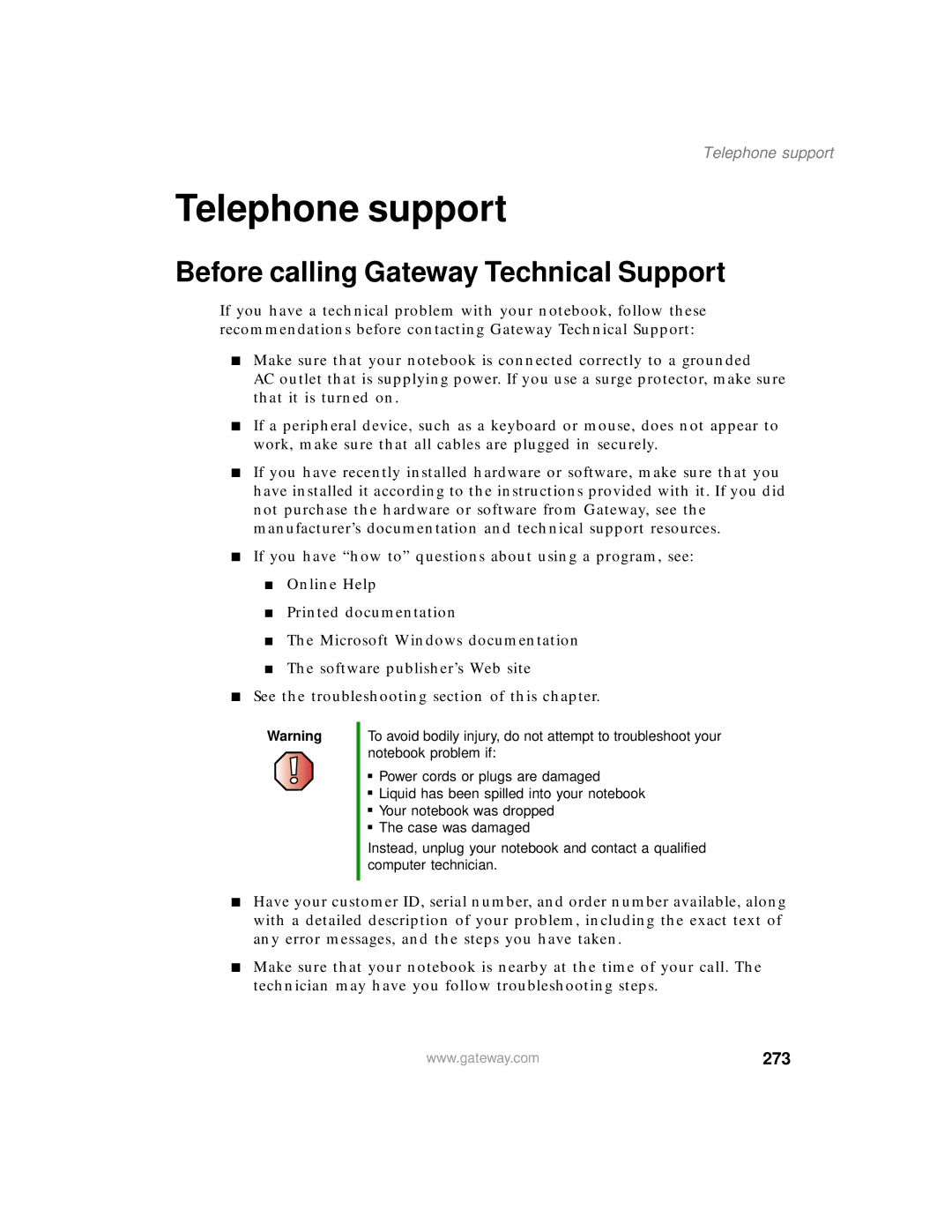 Gateway 200 manual Telephone support, Before calling Gateway Technical Support, 273 