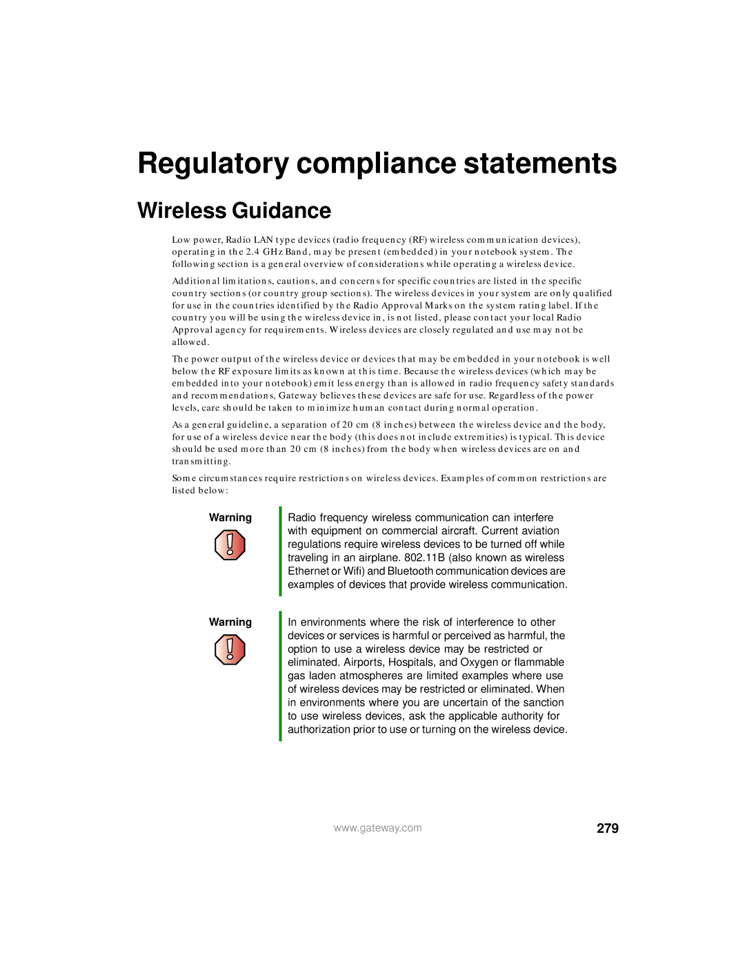 Gateway 200 manual Regulatory compliance statements, Wireless Guidance, 279 