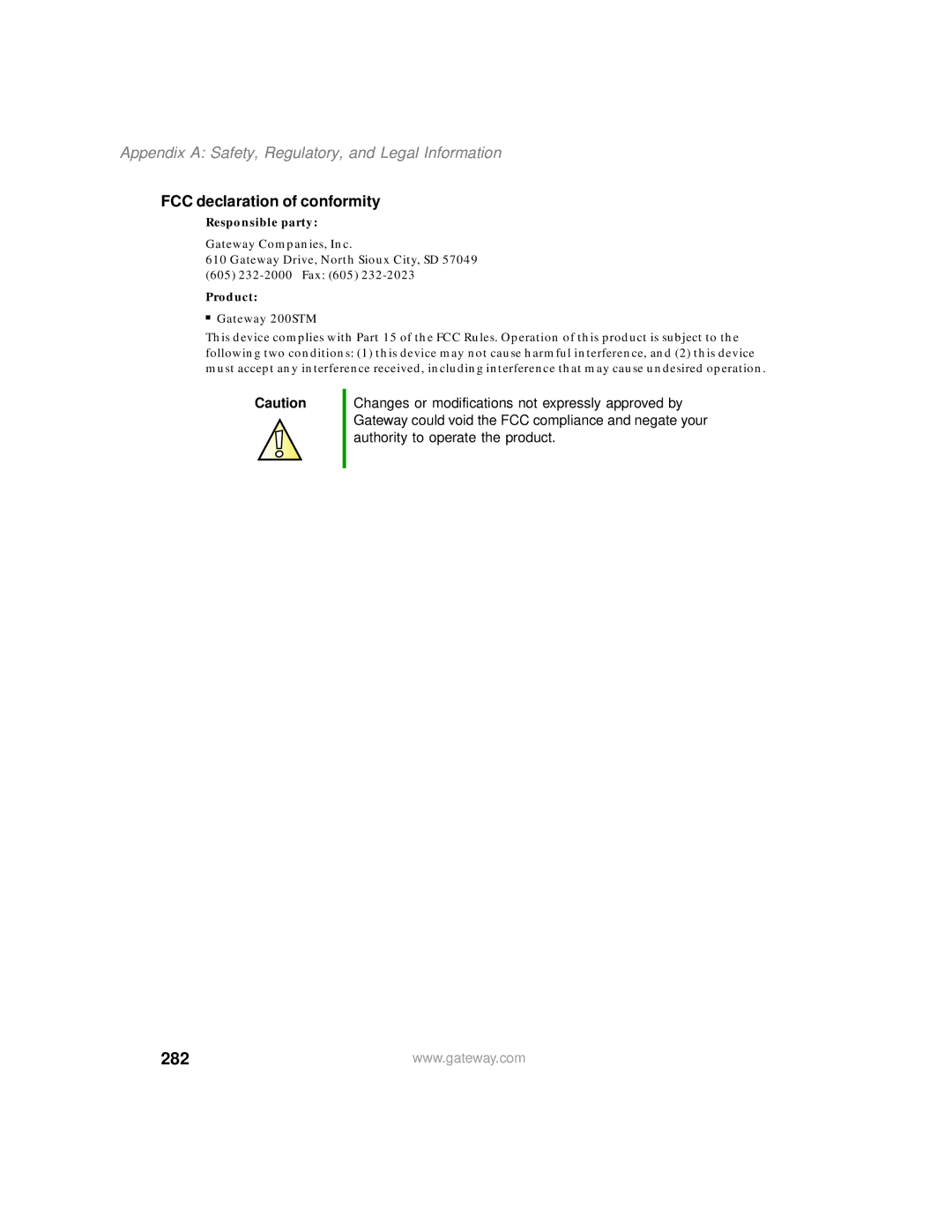 Gateway 200 manual 282, FCC declaration of conformity 