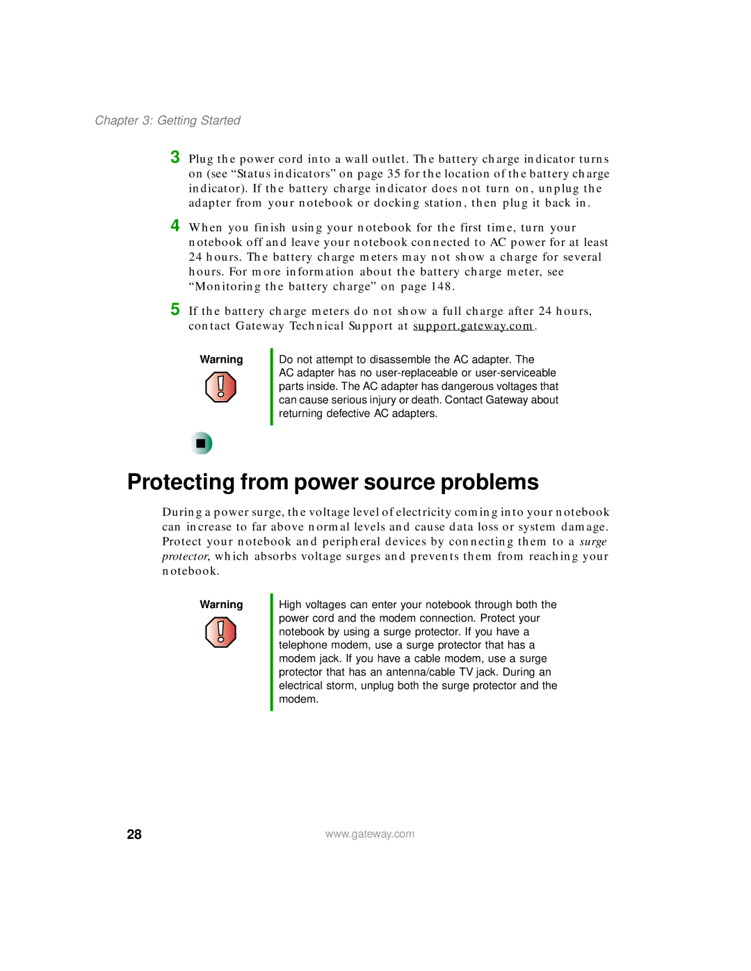 Gateway 200 manual Protecting from power source problems 