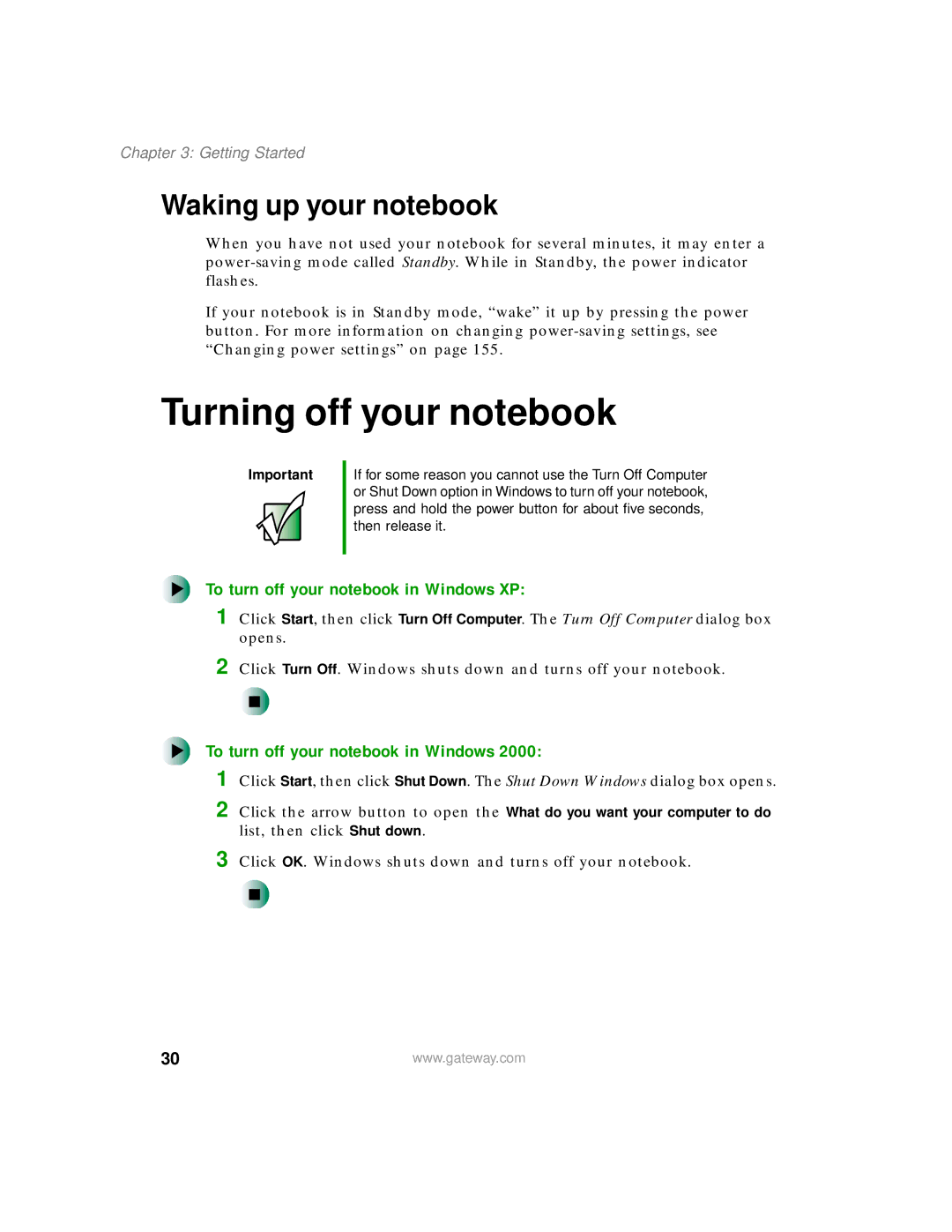 Gateway 200 manual Turning off your notebook, Waking up your notebook, To turn off your notebook in Windows XP 