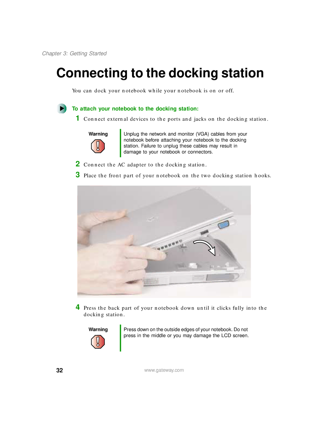 Gateway 200 manual Connecting to the docking station, To attach your notebook to the docking station 