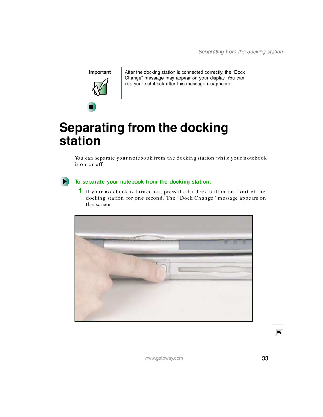 Gateway 200 manual Separating from the docking station, To separate your notebook from the docking station 