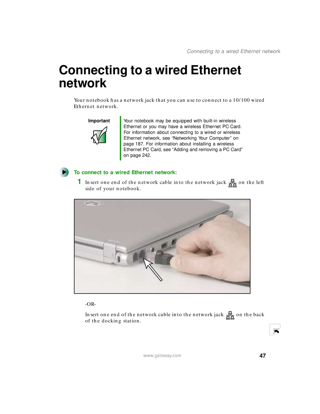 Gateway 200 manual Connecting to a wired Ethernet network, To connect to a wired Ethernet network 