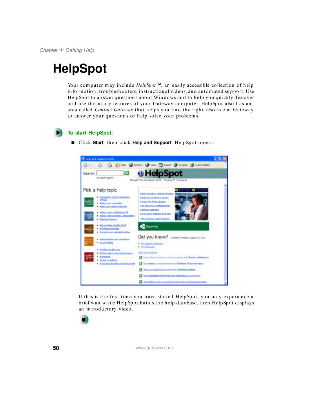 Gateway 200 manual To start HelpSpot, Getting Help 