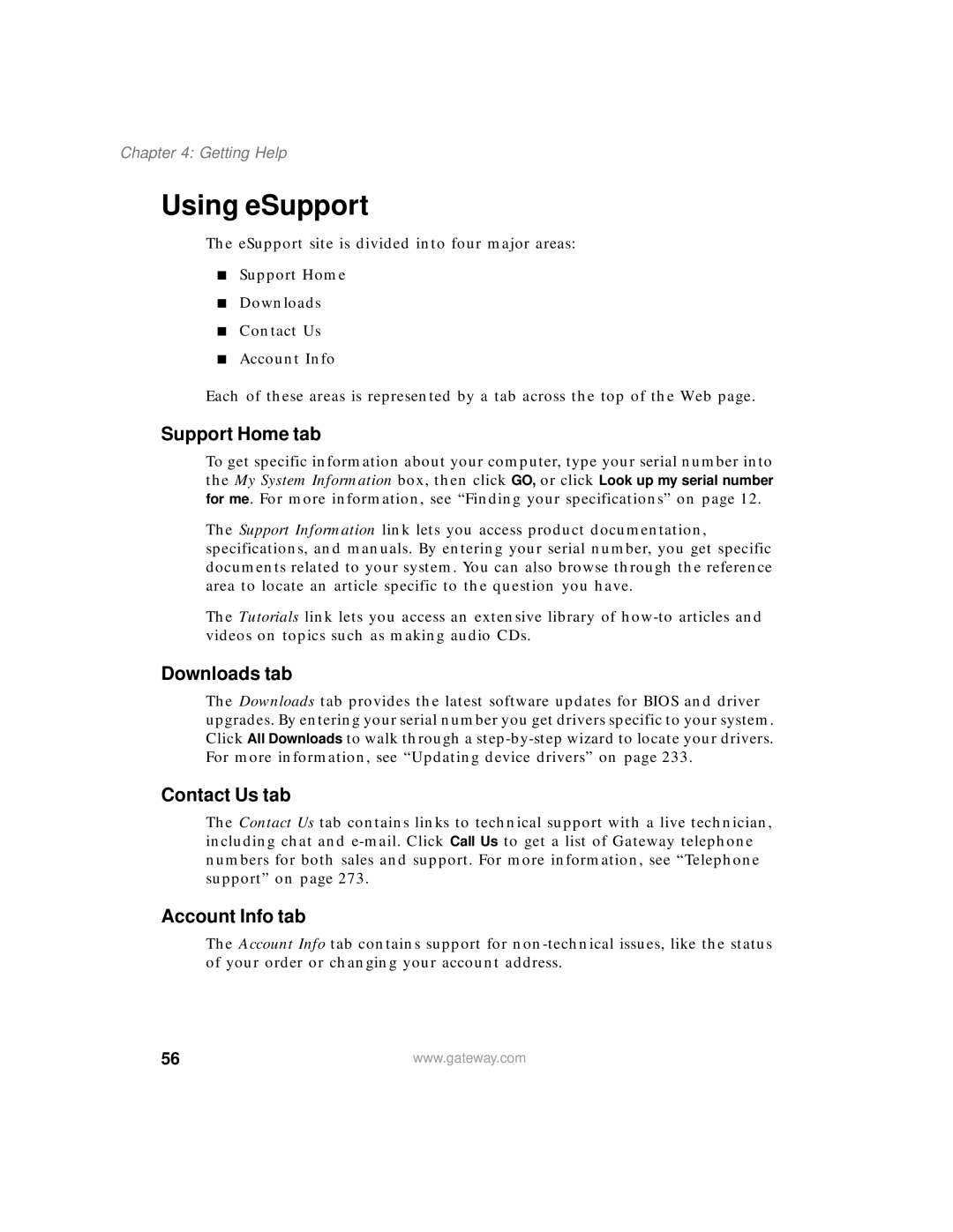 Gateway 200 manual Using eSupport, Support Home tab 