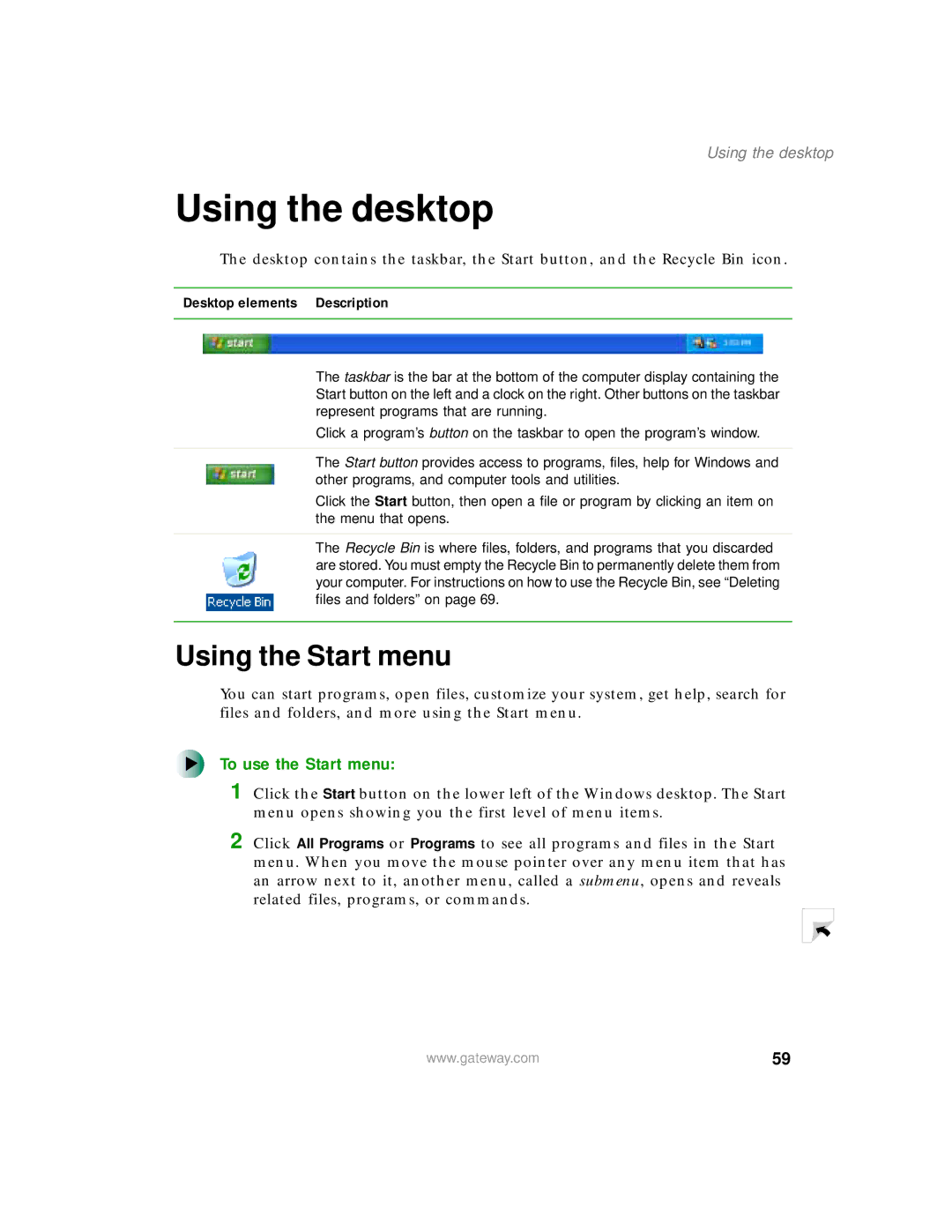 Gateway 200 manual Using the desktop, Using the Start menu, To use the Start menu, Desktop elements Description 