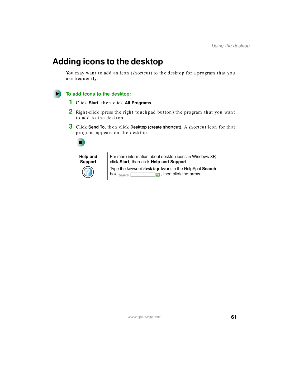 Gateway 200 manual Adding icons to the desktop, To add icons to the desktop 