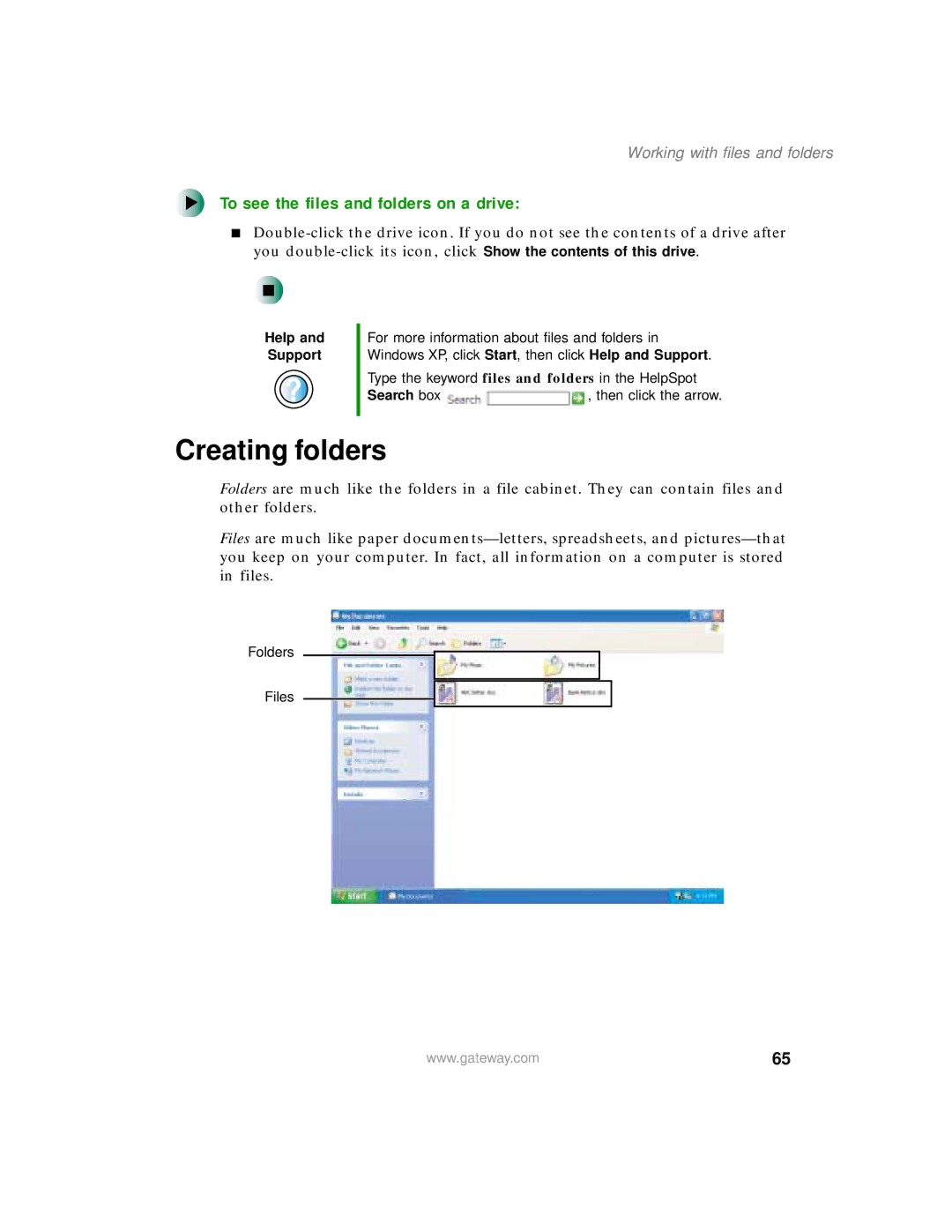 Gateway 200 manual Creating folders, To see the files and folders on a drive, Working with files and folders 