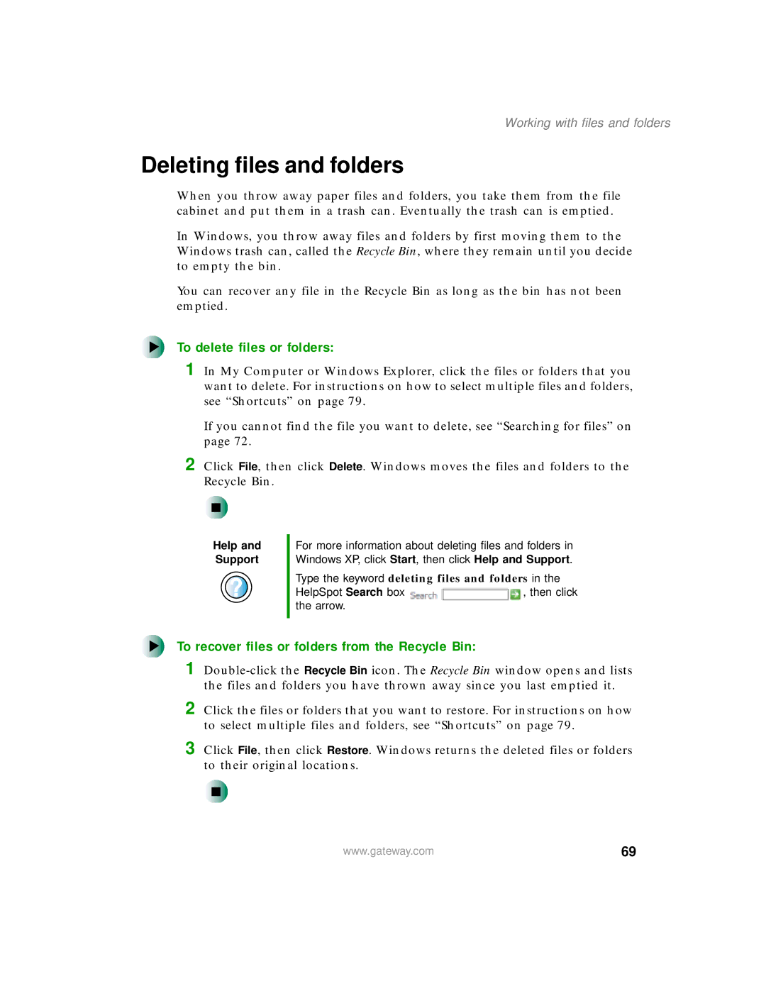 Gateway 200 manual Deleting files and folders, To delete files or folders, To recover files or folders from the Recycle Bin 