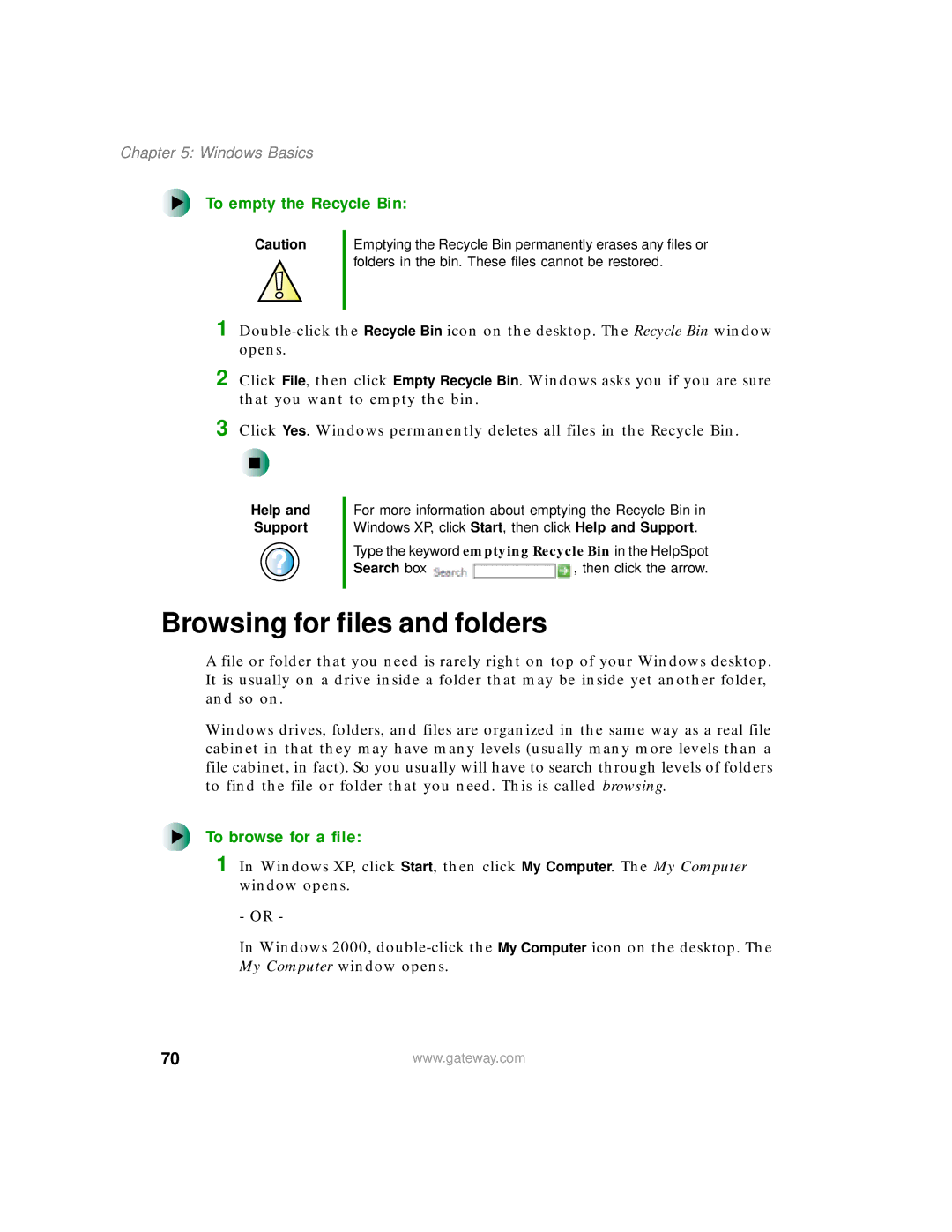 Gateway 200 manual Browsing for files and folders, To empty the Recycle Bin, To browse for a file 