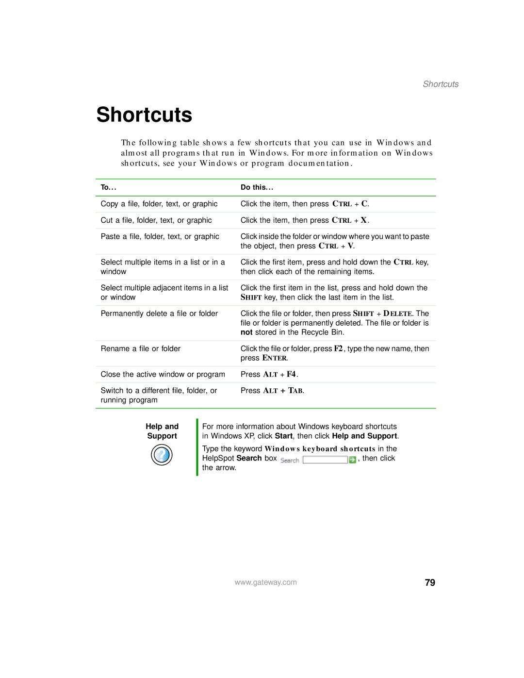 Gateway 200 manual Shortcuts 