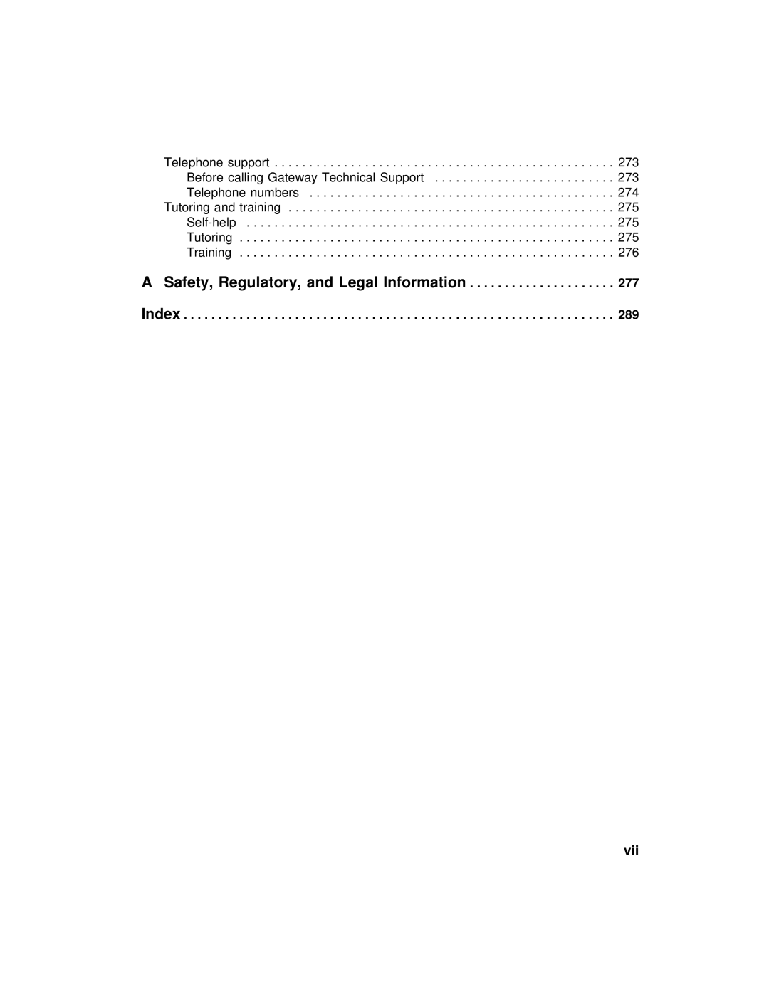 Gateway 200 manual Vii, Safety, Regulatory, and Legal Information Index 