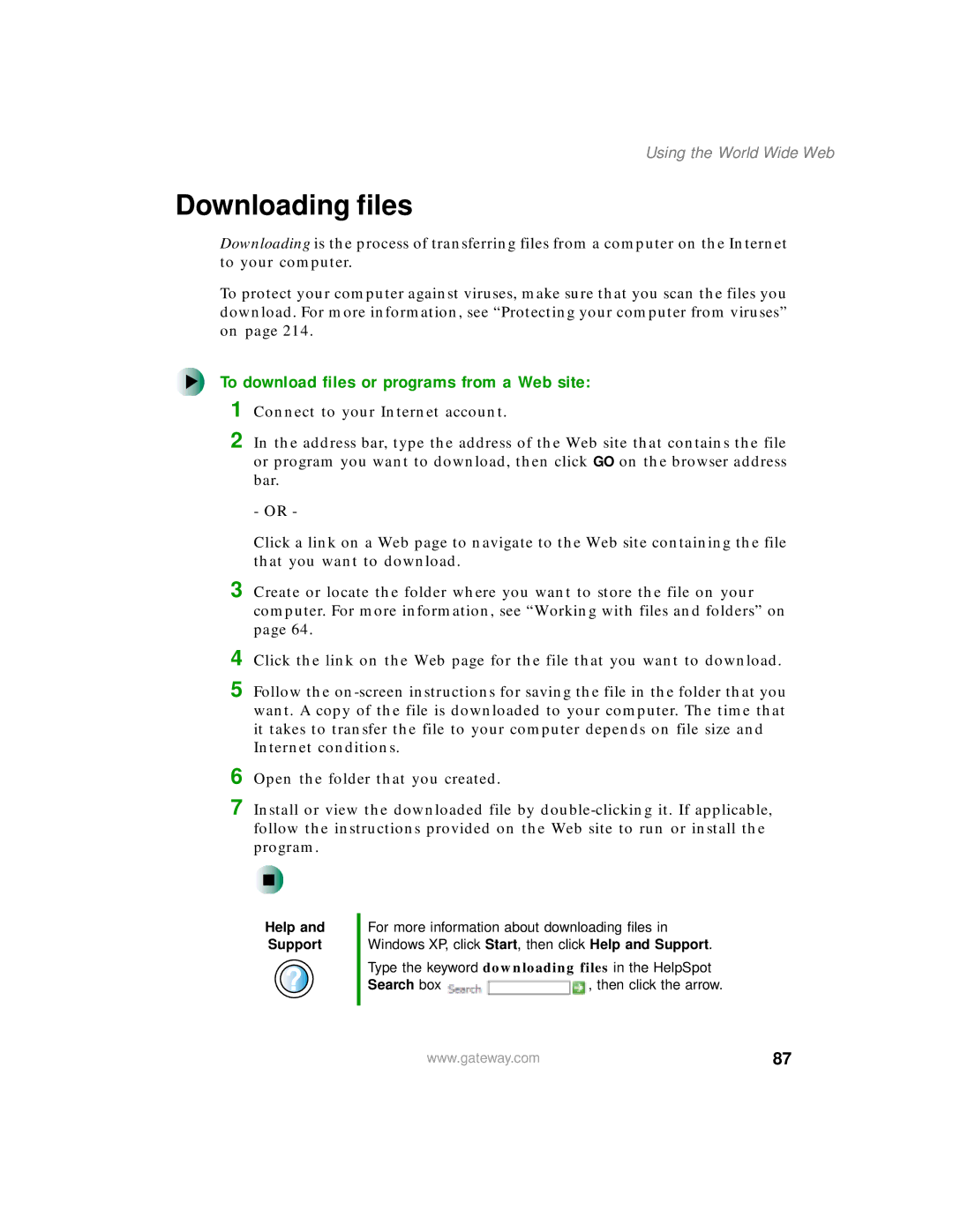 Gateway 200 manual Downloading files, To download files or programs from a Web site 