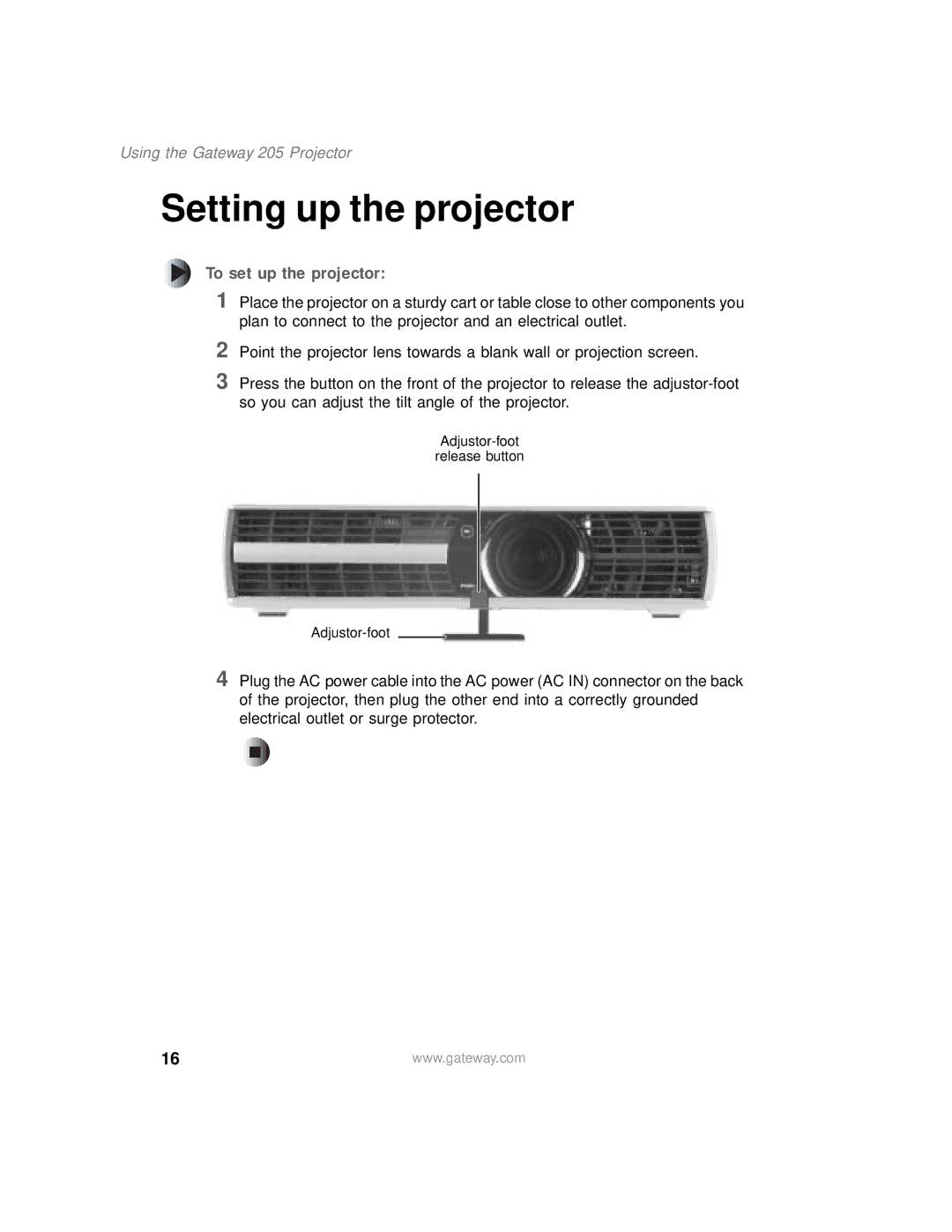 Gateway 205 specifications Setting up the projector, To set up the projector 